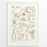 Ladda upp bild till gallerivisning, Minimal line art poster featuring doodles of wine, bread, cheese, fruit, and text “G’Day Lovers” on a cream background framed in white.
