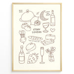 Ladda upp bild till gallerivisning, Minimal line art poster featuring doodles of wine, bread, cheese, fruit, and text “G’Day Lovers” on a cream background framed in golden.
