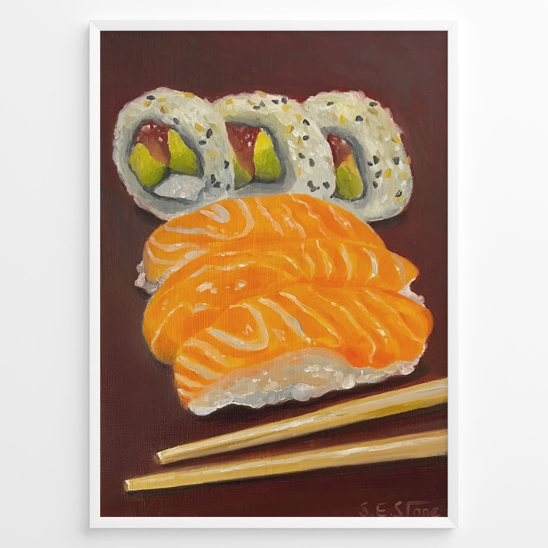 Hand-painted sushi artwork featuring salmon nigiri, sushi rolls, and chopsticks on a dark brown background in a white frame.