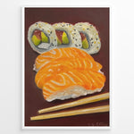 Ladda upp bild till gallerivisning, Hand-painted sushi artwork featuring salmon nigiri, sushi rolls, and chopsticks on a dark brown background in a white frame.
