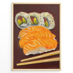 Ladda upp bild till gallerivisning, Hand-painted sushi artwork featuring salmon nigiri, sushi rolls, and chopsticks on a dark brown background in a golden frame.

