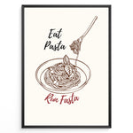 Ladda upp bild till gallerivisning, Minimalist poster with line art of pasta bowl and fork, text reading “Eat Pasta Run Fasta,” in black and red typography, framed in black.

