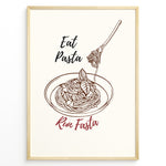 Ladda upp bild till gallerivisning, Minimalist poster with line art of pasta bowl and fork, text reading “Eat Pasta Run Fasta,” in black and red typography, framed in golden.
