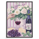Ladda upp bild till gallerivisning, Elegant wine and cheese art print plakat with wine bottle, glass, grapes, cheese, and floral bouquet on lavender striped background in black frame.
