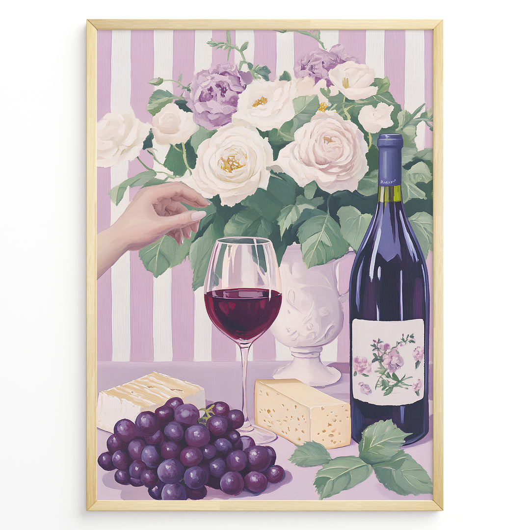 Elegant wine and cheese art print plakat with wine bottle, glass, grapes, cheese, and floral bouquet on lavender striped background in golden frame.