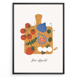Ladda upp bild till gallerivisning, Bon Appétit art print plakat with tomatoes, figs, strawberries, and cheese on a wooden cutting board illustration in a black frame.
