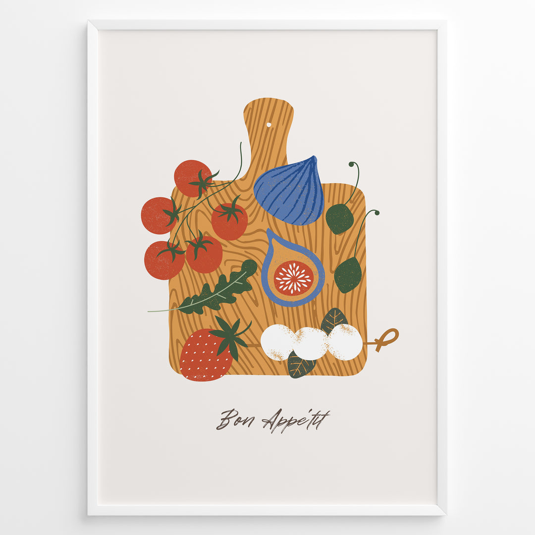 Bon Appétit art print plakat with tomatoes, figs, strawberries, and cheese on a wooden cutting board illustration in a white frame.