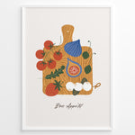 Ladda upp bild till gallerivisning, Bon Appétit art print plakat with tomatoes, figs, strawberries, and cheese on a wooden cutting board illustration in a white frame.
