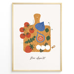 Ladda upp bild till gallerivisning, Bon Appétit art print plakat with tomatoes, figs, strawberries, and cheese on a wooden cutting board illustration in a golden frame.
