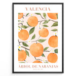 Ladda upp bild till gallerivisning, Watercolor poster featuring oranges and green leaves with the text “Valencia Árbol de Naranjas Costa del Sol,” framed in black.
