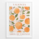 Ladda upp bild till gallerivisning, Watercolor poster featuring oranges and green leaves with the text “Valencia Árbol de Naranjas Costa del Sol,” framed in white.
