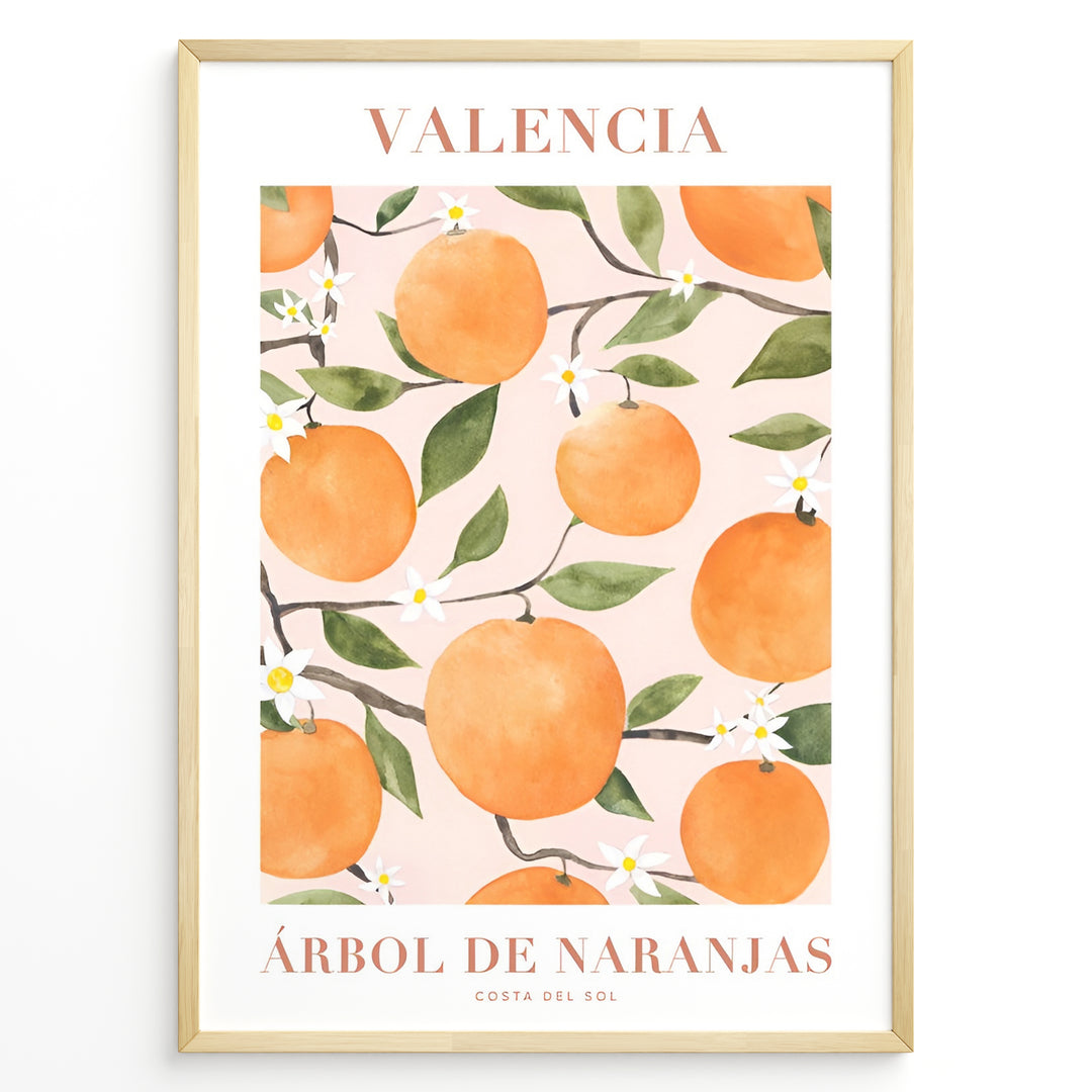 Watercolor poster featuring oranges and green leaves with the text “Valencia Árbol de Naranjas Costa del Sol,” framed in golden.