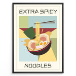 Ladda upp bild till gallerivisning, Colorful poster with a bowl of ramen noodles, eggs, and seaweed, featuring the text “Extra Spicy Noodles” in bold letters, framed in black.
