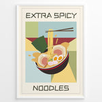 Ladda upp bild till gallerivisning, Colorful poster with a bowl of ramen noodles, eggs, and seaweed, featuring the text “Extra Spicy Noodles” in bold letters, framed in white.
