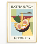 Ladda upp bild till gallerivisning, Colorful poster with a bowl of ramen noodles, eggs, and seaweed, featuring the text “Extra Spicy Noodles” in bold letters, framed in golden.
