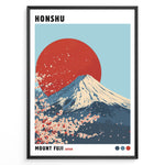 Ladda upp bild till gallerivisning, Illustration of Mount Fuji with a large red sun and cherry blossoms in a minimalist framed poster.
