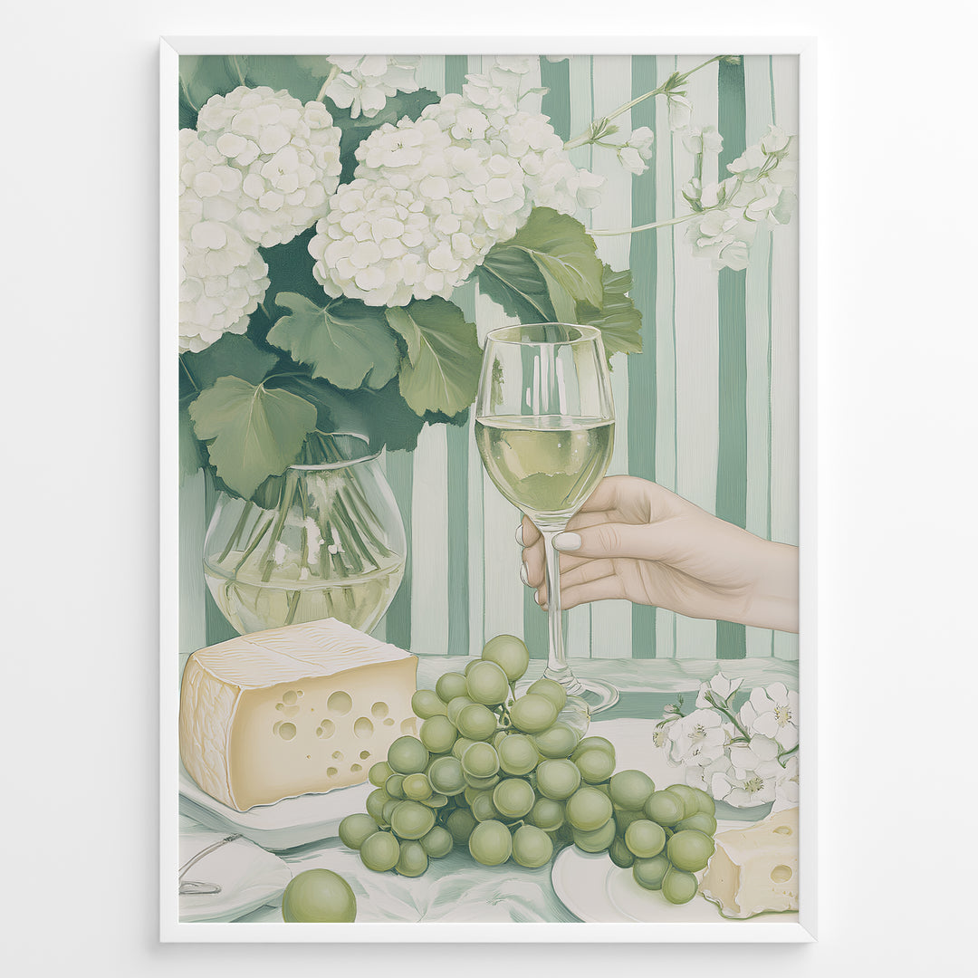Elegant art print plakat of white wine glass, grapes, cheese, and hydrangeas on a green striped table with a hand holding a wine glass in a white frame.