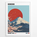 Ladda upp bild till gallerivisning, Illustration of Mount Fuji with a large red sun and cherry blossoms in a minimalist framed poster.
