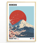 Ladda upp bild till gallerivisning, Illustration of Mount Fuji with a large red sun and cherry blossoms in a minimalist framed poster.
