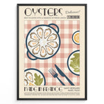 Ladda upp bild till gallerivisning, Vintage French poster with oysters on a plate, lemons, and cutlery over a red-checkered tablecloth, framed in black.
