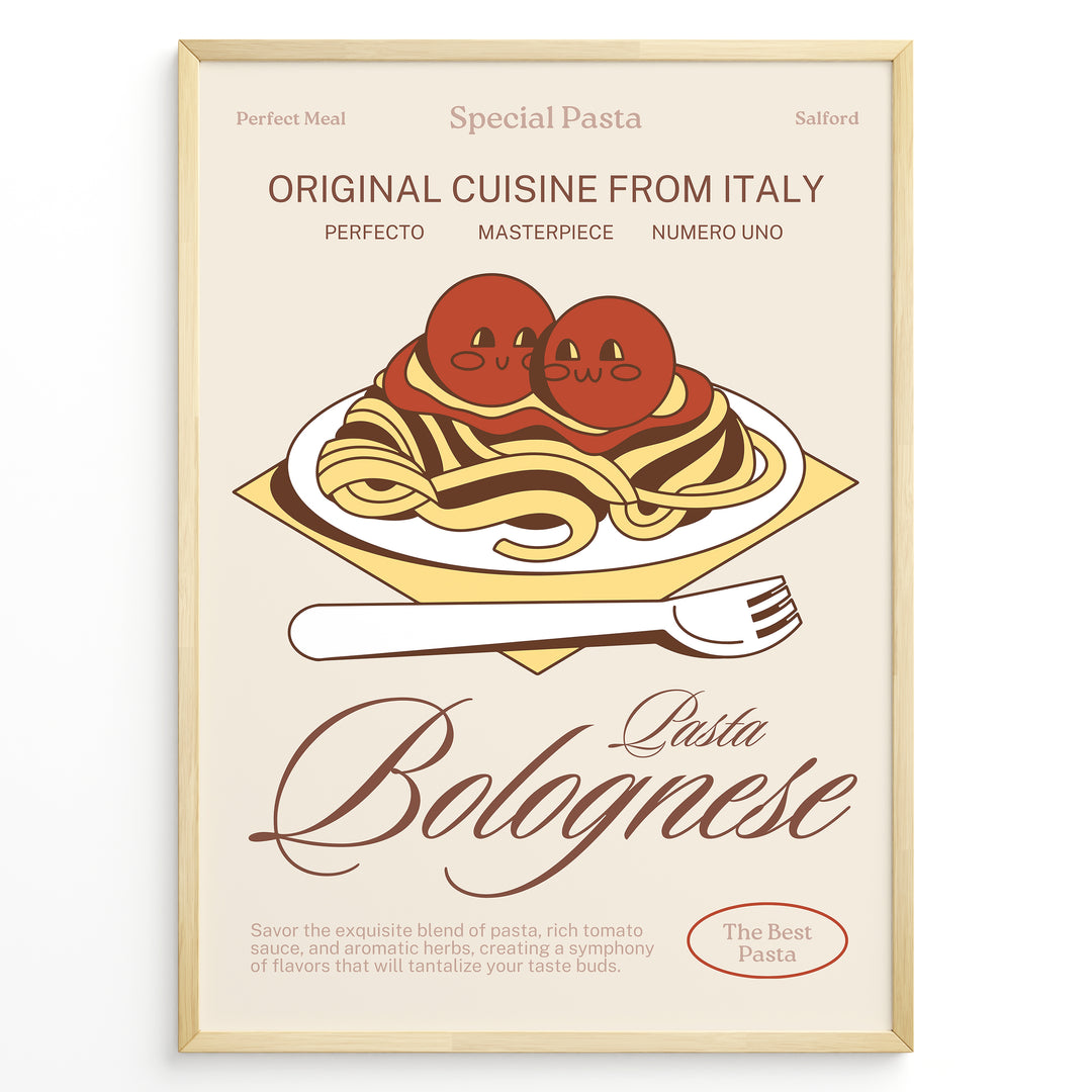 Illustrated poster of pasta bolognese with tomatoes and fork, featuring the text “Original Cuisine from Italy – Pasta Bolognese,” framed in black on a beige background.