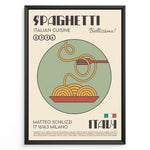 Ladda upp bild till gallerivisning, Vintage Italian spaghetti poster showing a bowl of noodles and fork with the text “Spaghetti Italian Cuisine Bellissimo,” framed in black on a beige background.
