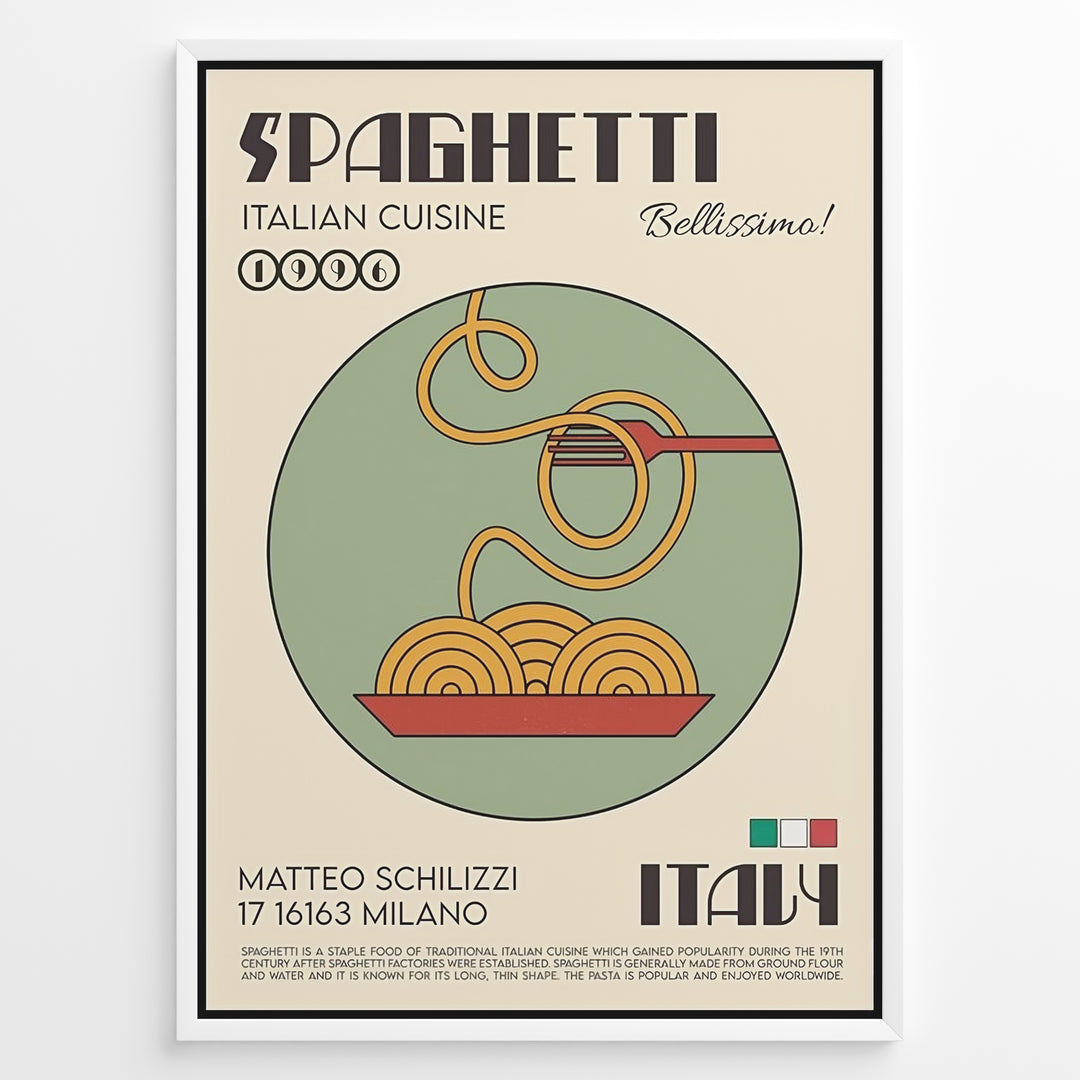 Vintage Italian spaghetti poster showing a bowl of noodles and fork with the text “Spaghetti Italian Cuisine Bellissimo,” framed in black on a beige background.