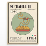 Ladda upp bild till gallerivisning, Vintage Italian spaghetti poster showing a bowl of noodles and fork with the text “Spaghetti Italian Cuisine Bellissimo,” framed in black on a beige background.

