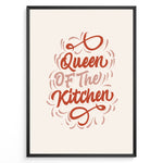 Ladda upp bild till gallerivisning, Typography wall art with the quote “Queen of the Kitchen” in red cursive lettering on a beige background, framed in black.
