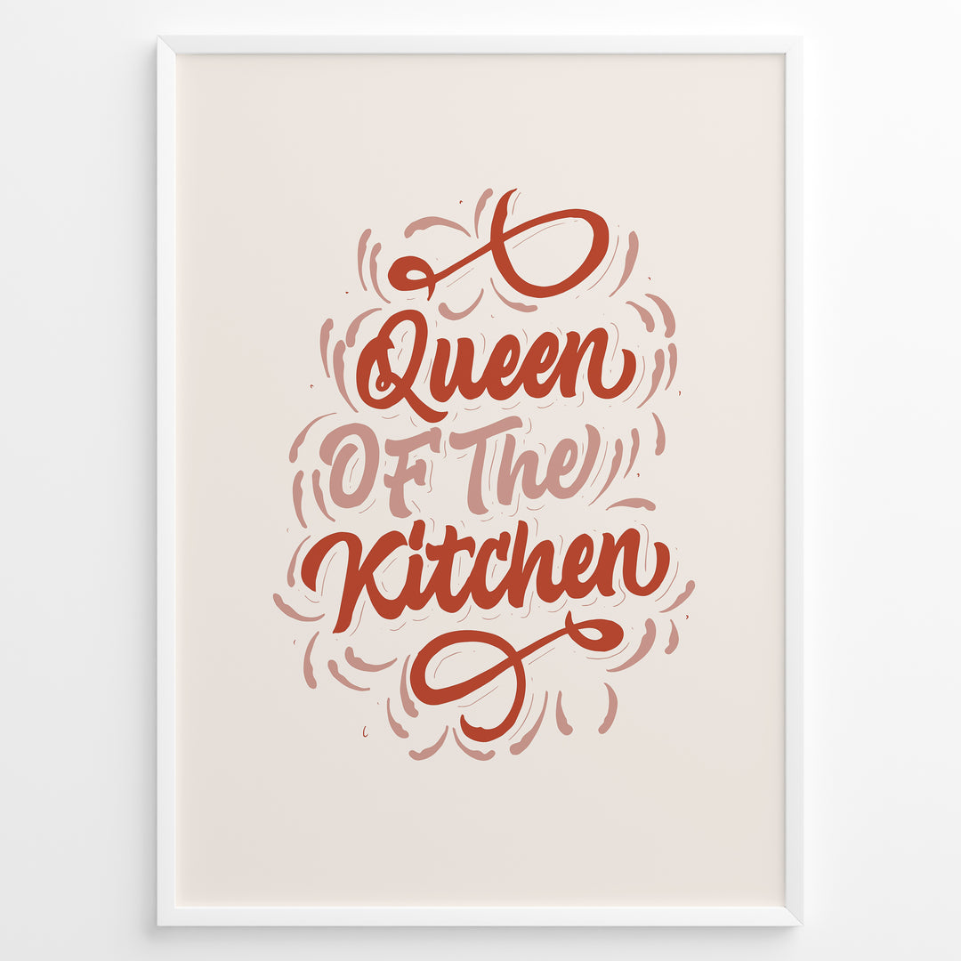 Typography wall art with the quote “Queen of the Kitchen” in red cursive lettering on a beige background, framed in white.