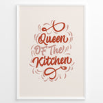 Ladda upp bild till gallerivisning, Typography wall art with the quote “Queen of the Kitchen” in red cursive lettering on a beige background, framed in white.
