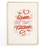 Ladda upp bild till gallerivisning, Typography wall art with the quote “Queen of the Kitchen” in red cursive lettering on a beige background, framed in golden.
