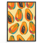 Ladda upp bild till gallerivisning, Colorful papaya pattern poster with whole and halved papayas in orange, green, and yellow tones on a beige background, framed in black for tropical kitchen wall décor.
