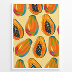 Ladda upp bild till gallerivisning, Colorful papaya pattern poster with whole and halved papayas in orange, green, and yellow tones on a beige background, framed in white for tropical kitchen wall décor.
