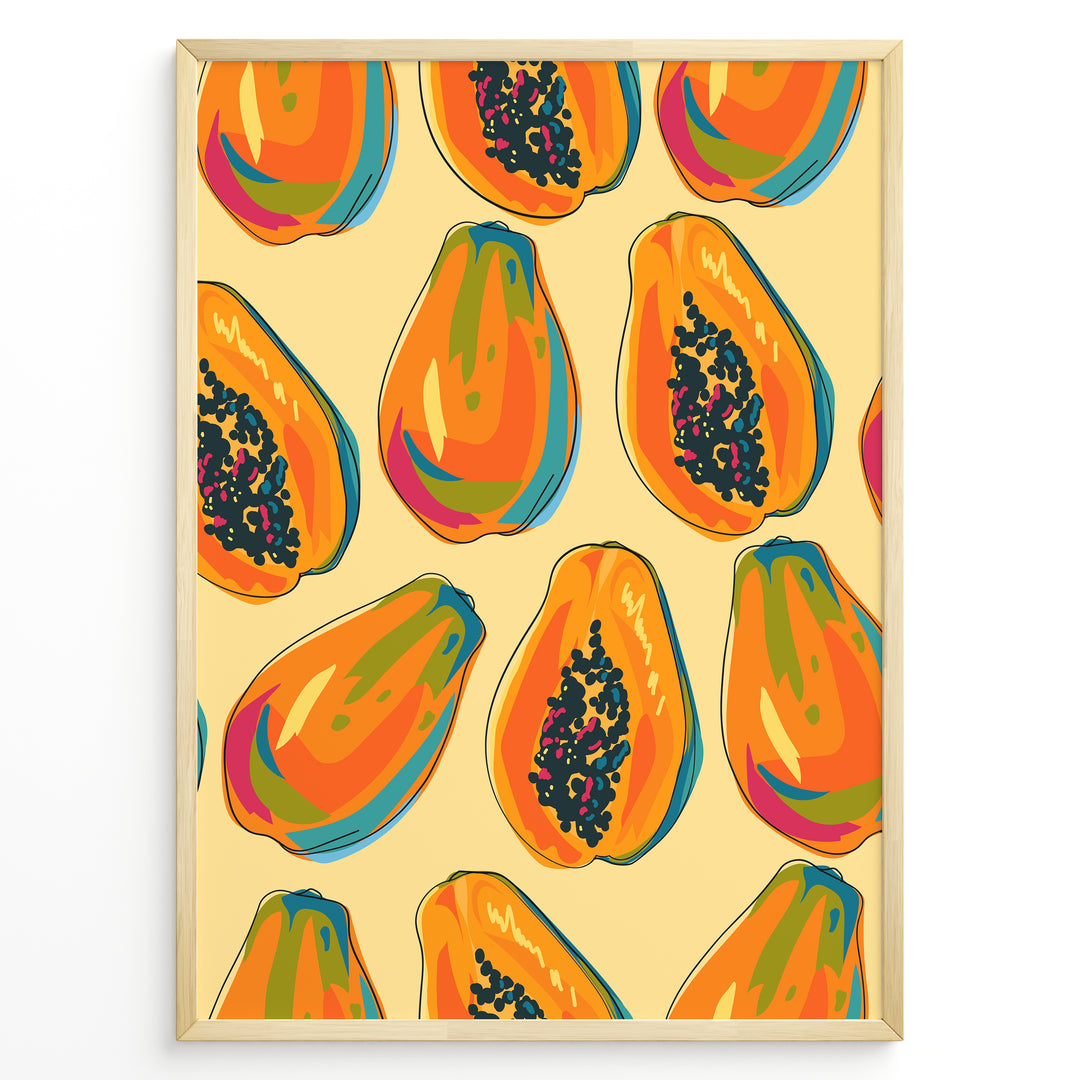 Colorful papaya pattern poster with whole and halved papayas in orange, green, and yellow tones on a beige background, framed in golden for tropical kitchen wall décor.