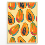 Ladda upp bild till gallerivisning, Colorful papaya pattern poster with whole and halved papayas in orange, green, and yellow tones on a beige background, framed in golden for tropical kitchen wall décor.
