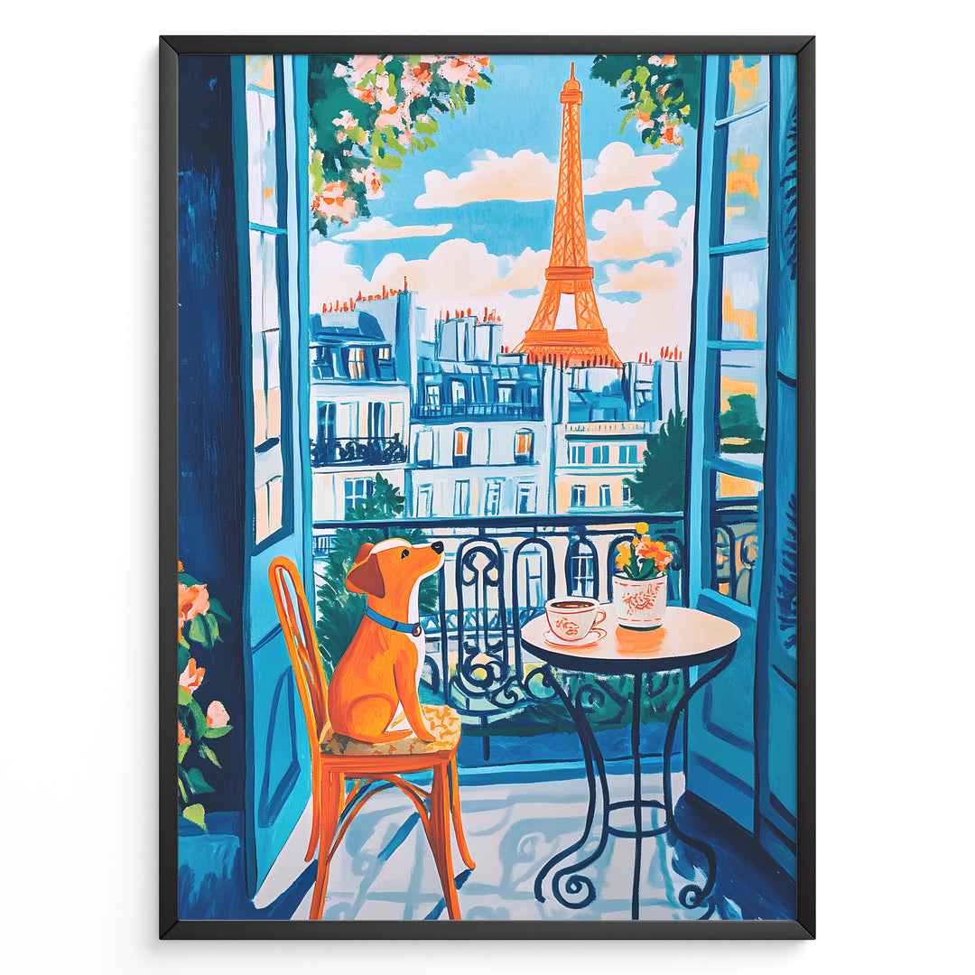 Colorful Paris balcony art print plakat with a dog sitting on a chair beside coffee cups and Eiffel Tower in the background.