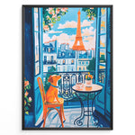 Ladda upp bild till gallerivisning, Colorful Paris balcony art print plakat with a dog sitting on a chair beside coffee cups and Eiffel Tower in the background.
