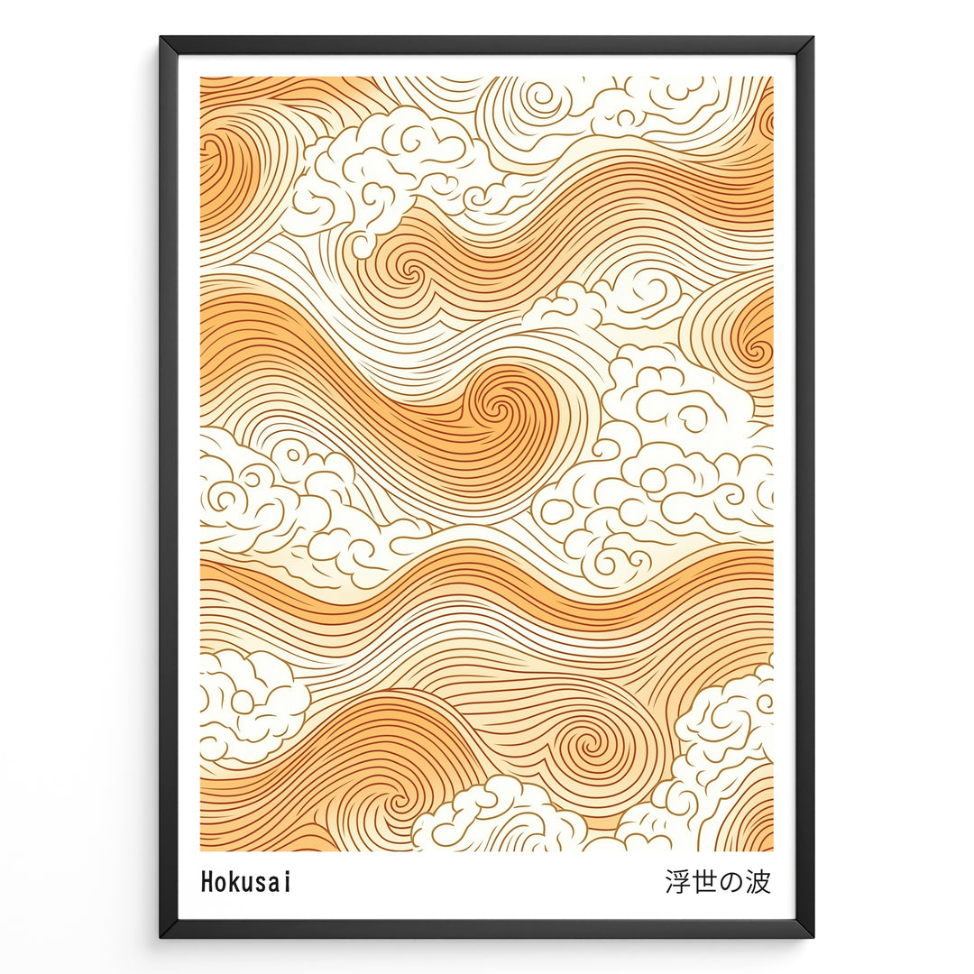 Golden Japanese wave and cloud pattern inspired by Hokusai in a minimalist framed poster.