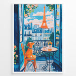 Ladda upp bild till gallerivisning, Colorful Paris balcony art print plakat with a dog sitting on a chair beside coffee cups and Eiffel Tower in the background.
