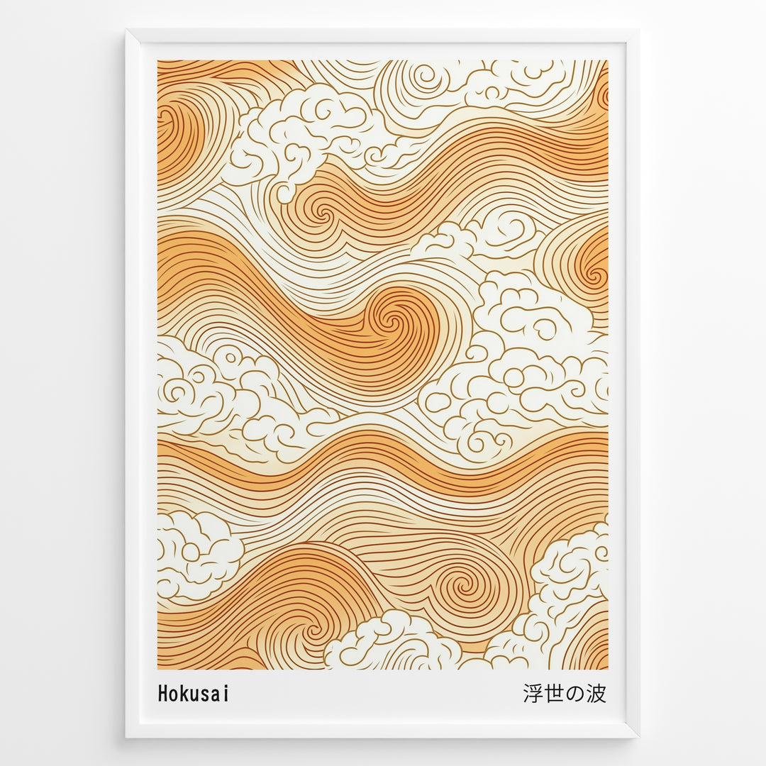 Golden Japanese wave and cloud pattern inspired by Hokusai in a minimalist framed poster.