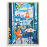 Ladda upp bild till gallerivisning, Colorful Paris balcony art print plakat with a dog sitting on a chair beside coffee cups and Eiffel Tower in the background.
