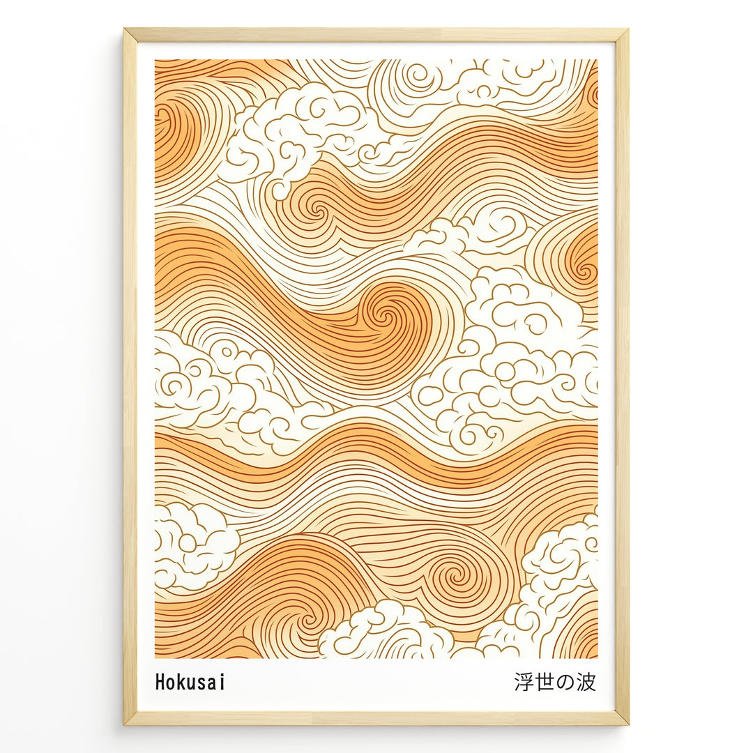 Golden Japanese wave and cloud pattern inspired by Hokusai in a minimalist framed poster.