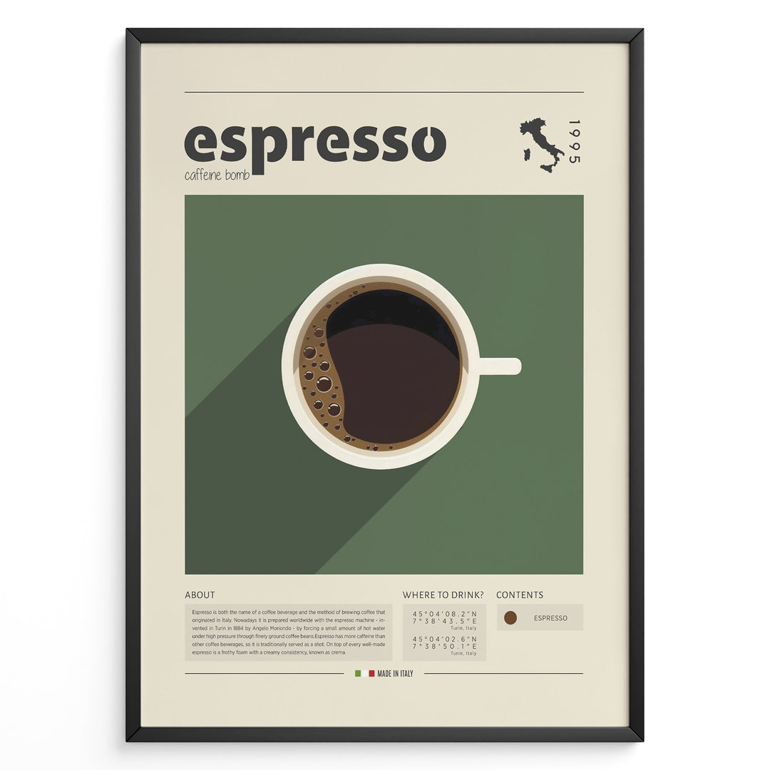 Minimalist espresso coffee poster with a top view of a coffee cup on a green background, modern typography, and Italian map design, ideal for kitchen or café wall décor.