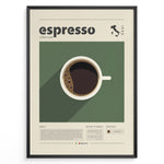 Ladda upp bild till gallerivisning, Minimalist espresso coffee poster with a top view of a coffee cup on a green background, modern typography, and Italian map design, ideal for kitchen or café wall décor.
