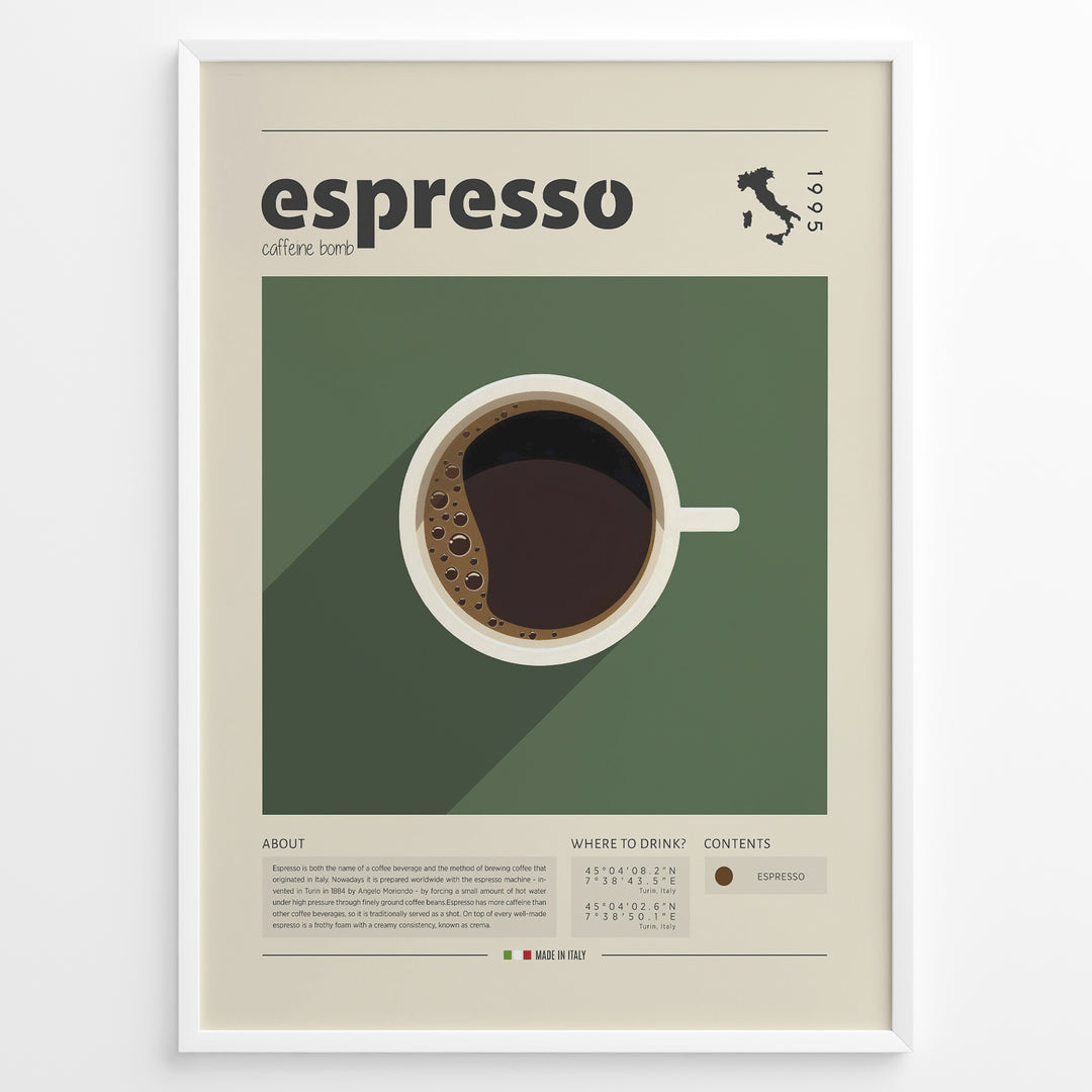 Minimalist espresso coffee poster with a top view of a coffee cup on a green background, modern typography, and Italian map design, ideal for kitchen or café wall décor.