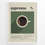 Ladda upp bild till gallerivisning, Minimalist espresso coffee poster with a top view of a coffee cup on a green background, modern typography, and Italian map design, ideal for kitchen or café wall décor.
