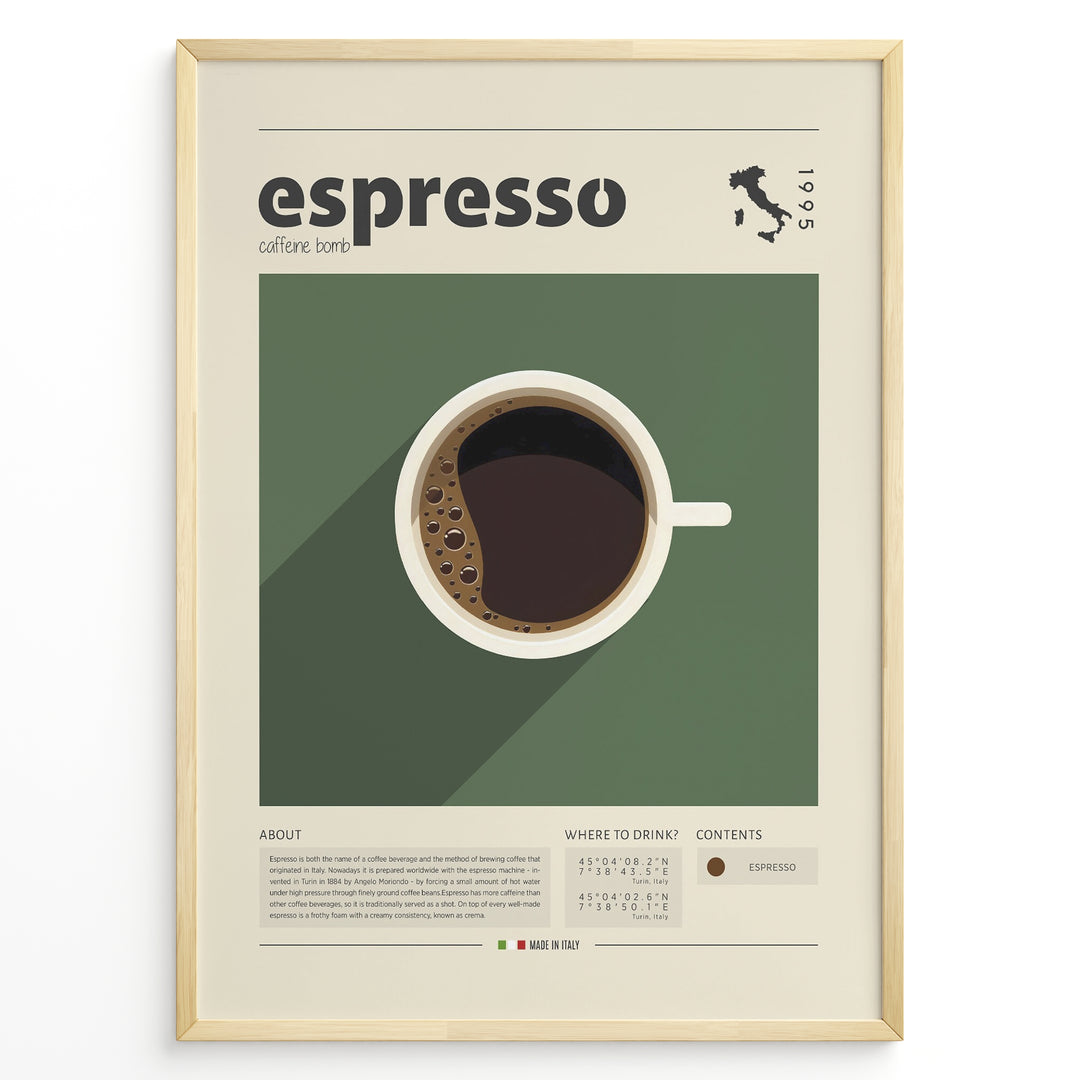 Minimalist espresso coffee poster with a top view of a coffee cup on a green background, modern typography, and Italian map design, ideal for kitchen or café wall décor.