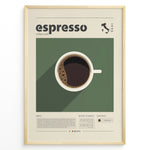 Ladda upp bild till gallerivisning, Minimalist espresso coffee poster with a top view of a coffee cup on a green background, modern typography, and Italian map design, ideal for kitchen or café wall décor.
