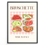 Ladda upp bild till gallerivisning, Italian bruschetta poster with six watercolor toasts featuring tomato, avocado, salmon, and shrimp toppings on a pink checkered tablecloth background, titled “Made in Italy.”
